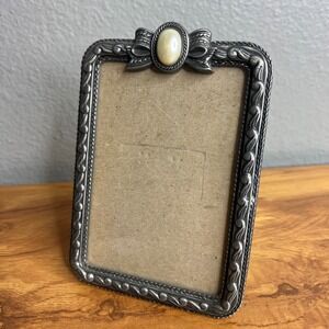 Vintage Photo Frame Small Rectangle Hollywood Regency‎ Silver Bow Faux Pearl